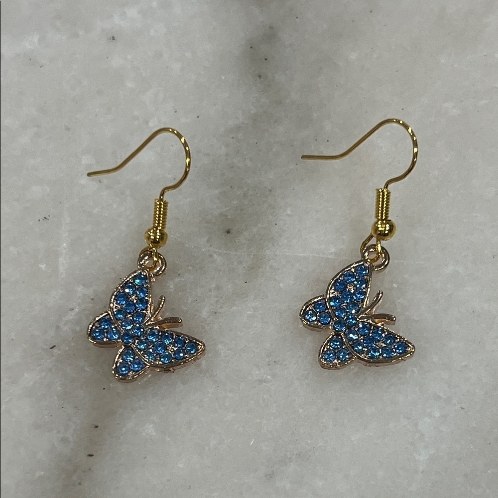 Gold Butterfly Drop Earrings with Blue Crystal Accents